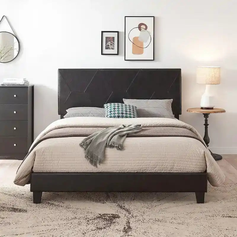 Struttura letto imbottita Queen Size, con doghe in legno, facile da montare, nera, in PU