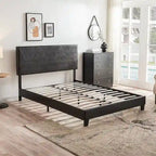 Struttura letto imbottita Queen Size, con doghe in legno, facile da montare, nera, in PU
