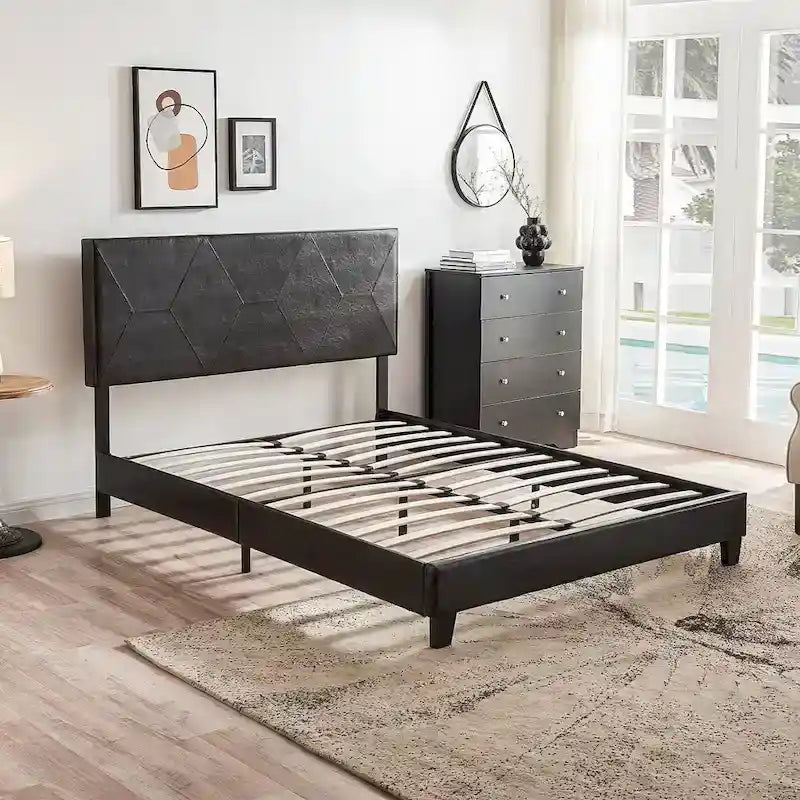 Struttura letto imbottita Queen Size, con doghe in legno, facile da montare, nera, in PU