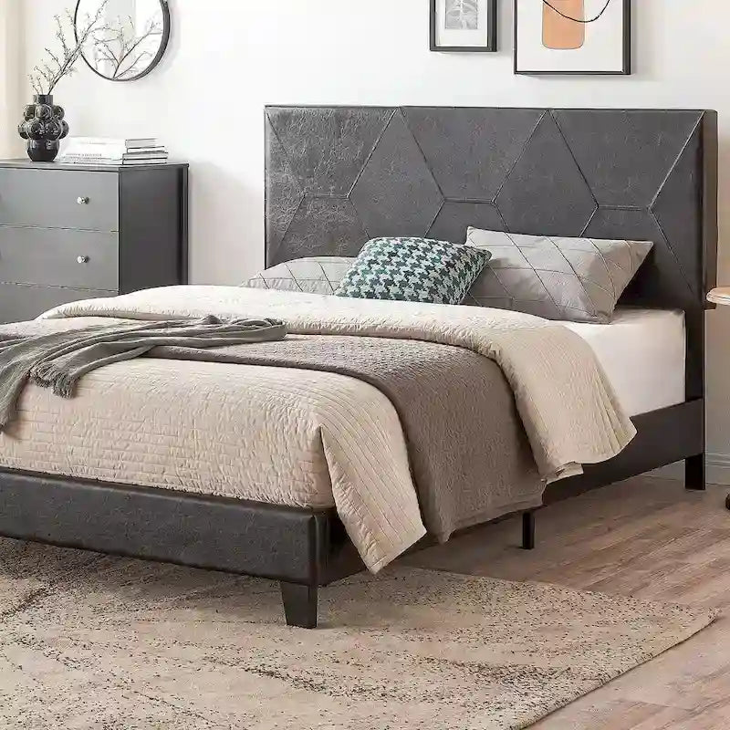 Struttura letto imbottita Queen Size, con doghe in legno, facile da montare, nera, in PU