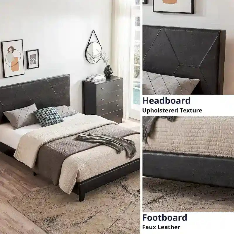 Struttura letto imbottita Queen Size, con doghe in legno, facile da montare, nera, in PU