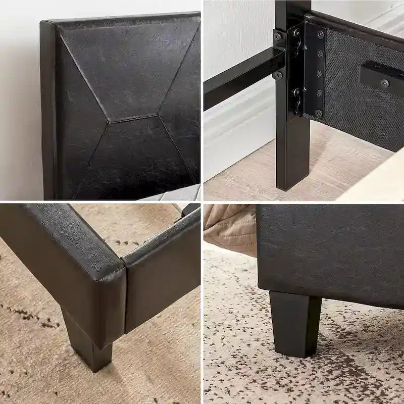 Struttura letto imbottita Queen Size, con doghe in legno, facile da montare, nera, in PU