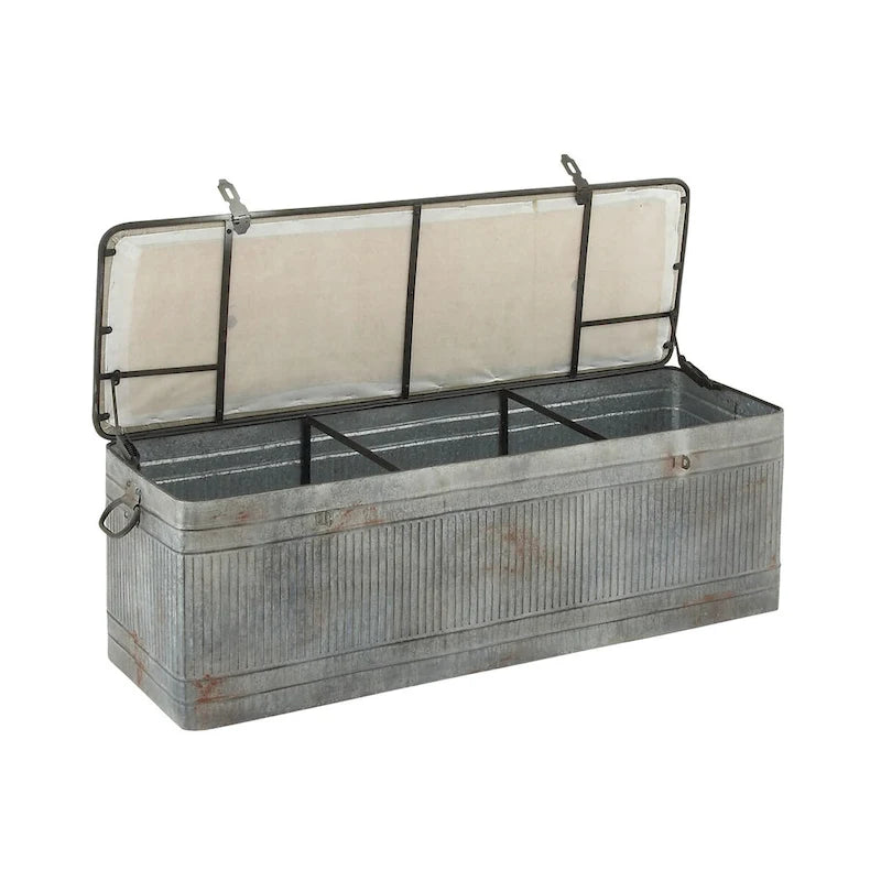 Panca contenitore in metallo zincato con piano in iuta color crema e chiusure nere - Grigio