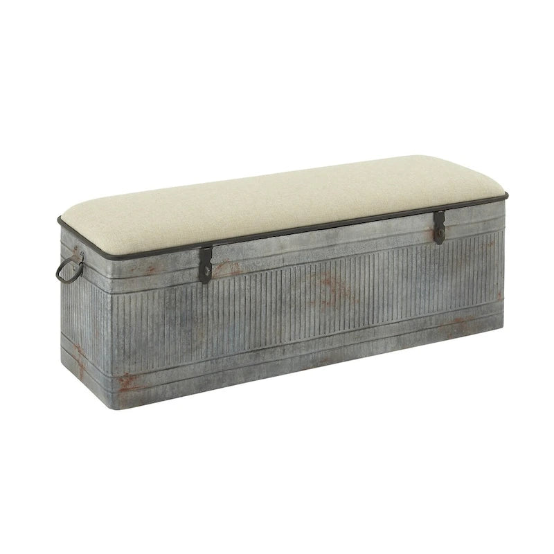 Panca contenitore in metallo zincato con piano in iuta color crema e chiusure nere - Grigio