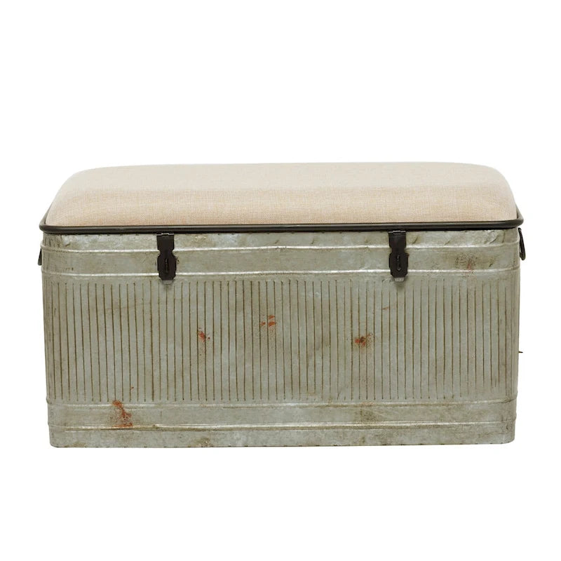 Panca contenitore in metallo zincato con piano in iuta color crema e chiusure nere - Grigio