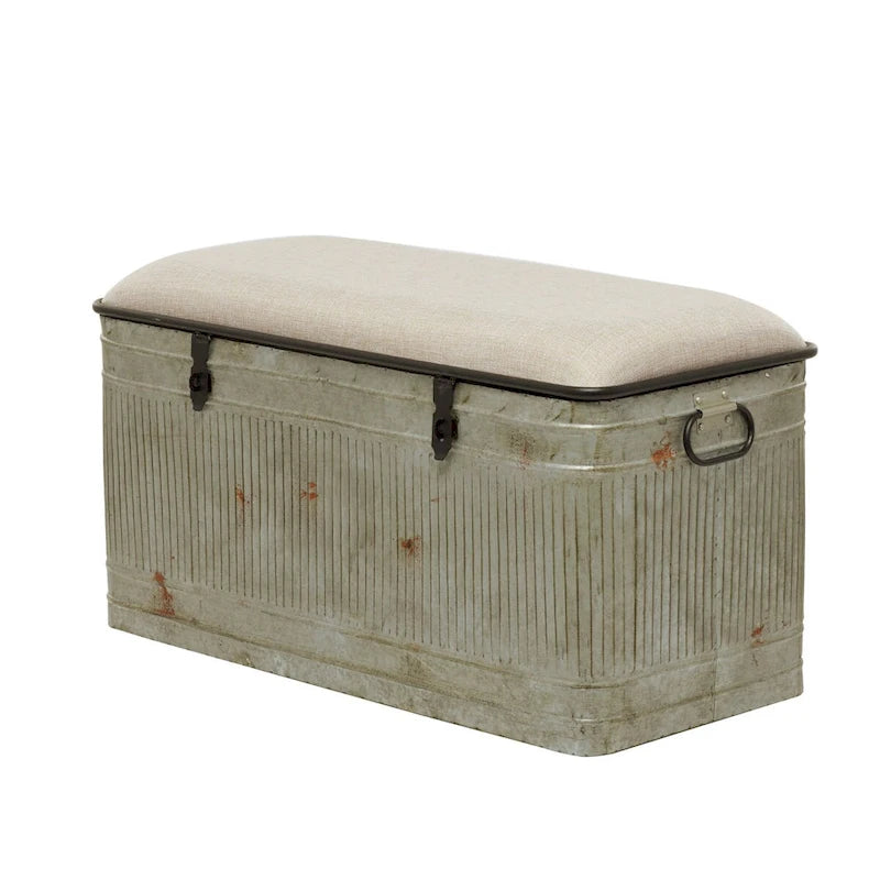 Panca contenitore in metallo zincato con piano in iuta color crema e chiusure nere - Grigio