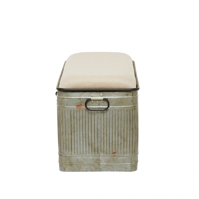 Panca contenitore in metallo zincato con piano in iuta color crema e chiusure nere - Grigio