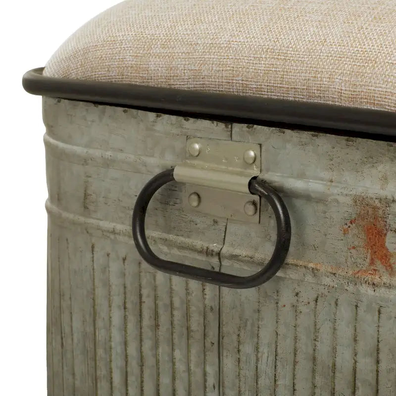 Panca contenitore in metallo zincato con piano in iuta color crema e chiusure nere - Grigio