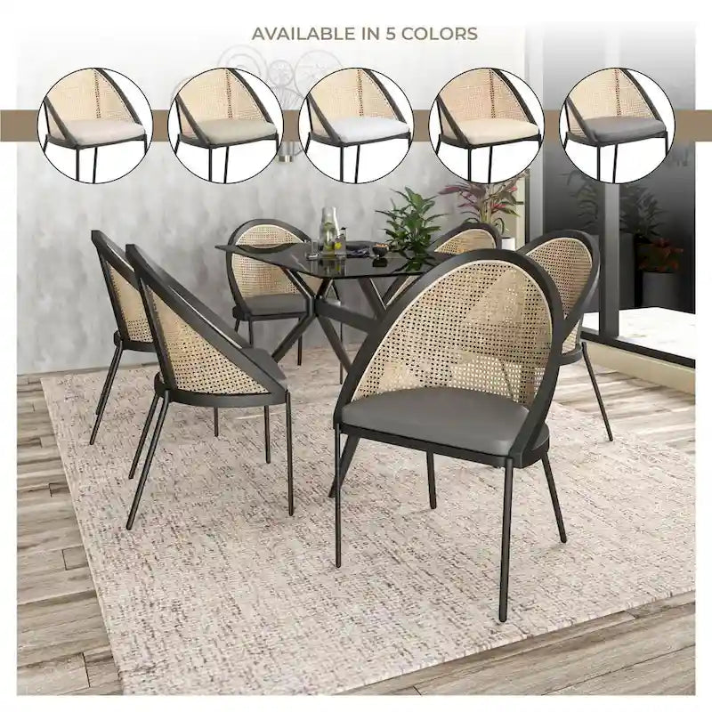 Sedia da pranzo elegante moderna con sedile in pelle e schienale in vimini per sala da pranzo e cucina