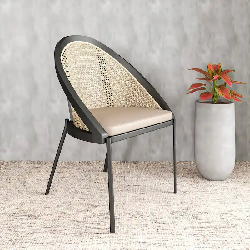 Sedia da pranzo elegante moderna con sedile in pelle e schienale in vimini per sala da pranzo e cucina