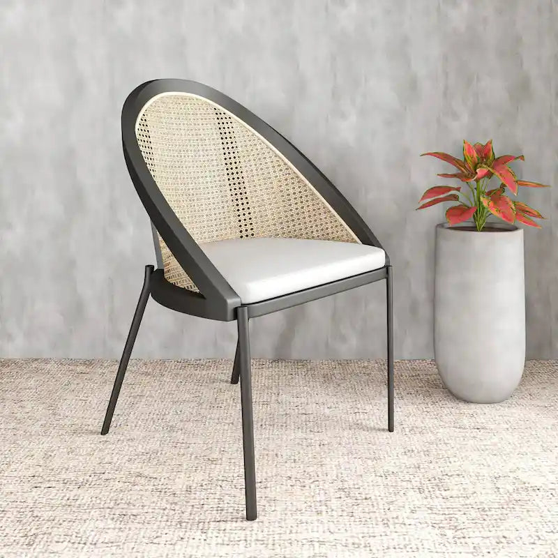 Sedia da pranzo elegante moderna con sedile in pelle e schienale in vimini per sala da pranzo e cucina