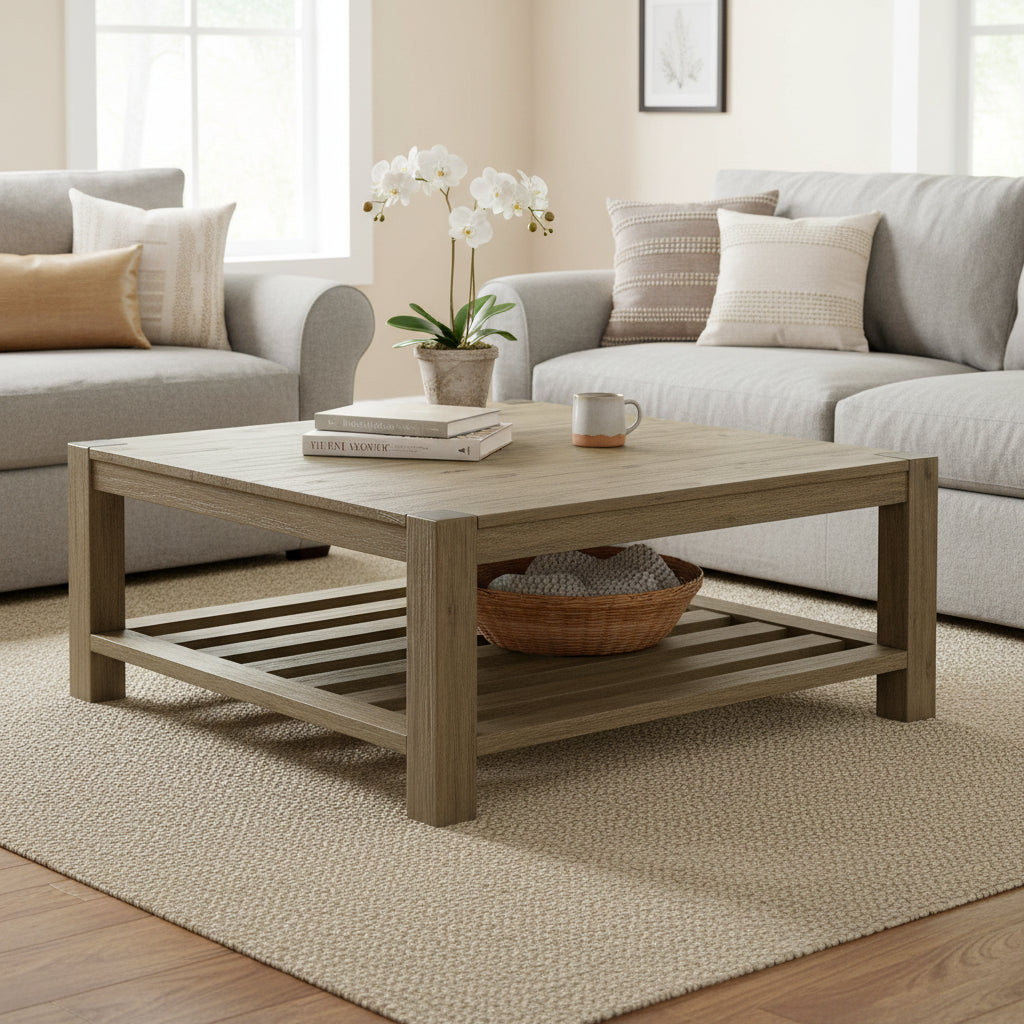 Cyon 42 Inch Square Coffee Table, Washed Gray and Brown Wood, Open Shelf