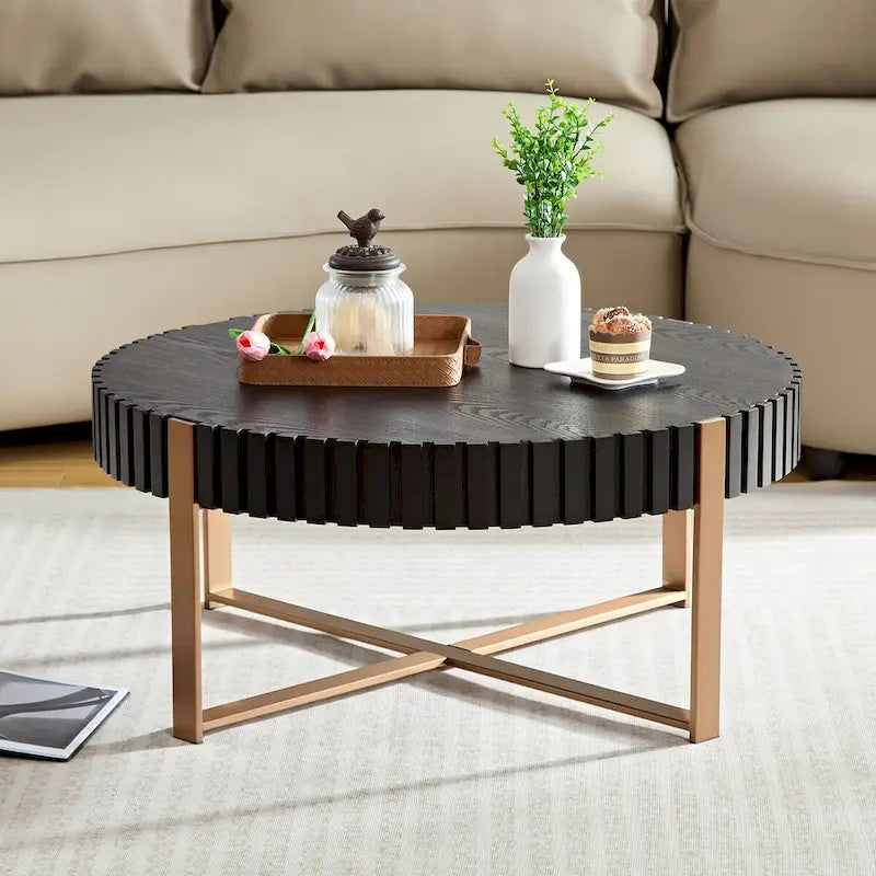 Tavolino da caffè rotondo Handcraft Drum moderno da 80 cm per soggiorno, piccolo tavolino da caffè con base robusta, nero