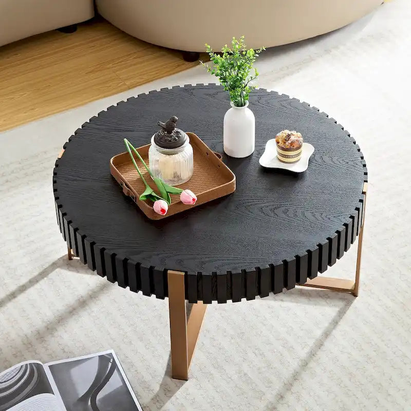Tavolino da caffè rotondo Handcraft Drum moderno da 80 cm per soggiorno, piccolo tavolino da caffè con base robusta, nero