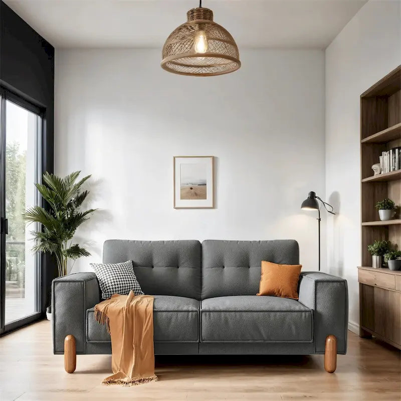 Divano Moderno Rivestito in Tessuto Teddy con Gambe in Legno e 2 Cuscini