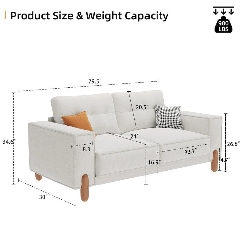 Divano Moderno Rivestito in Tessuto Teddy con Gambe in Legno e 2 Cuscini