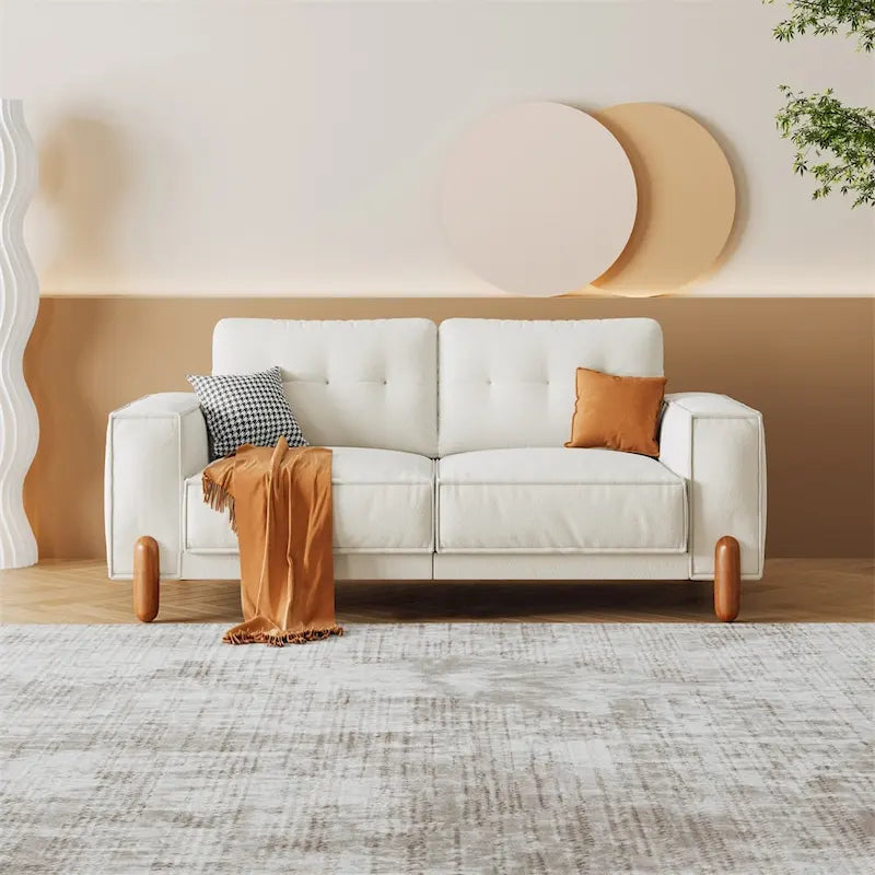 Divano Moderno Rivestito in Tessuto Teddy con Gambe in Legno e 2 Cuscini