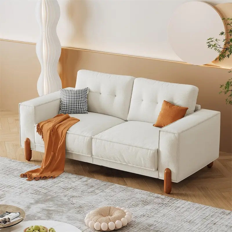 Divano Moderno Rivestito in Tessuto Teddy con Gambe in Legno e 2 Cuscini