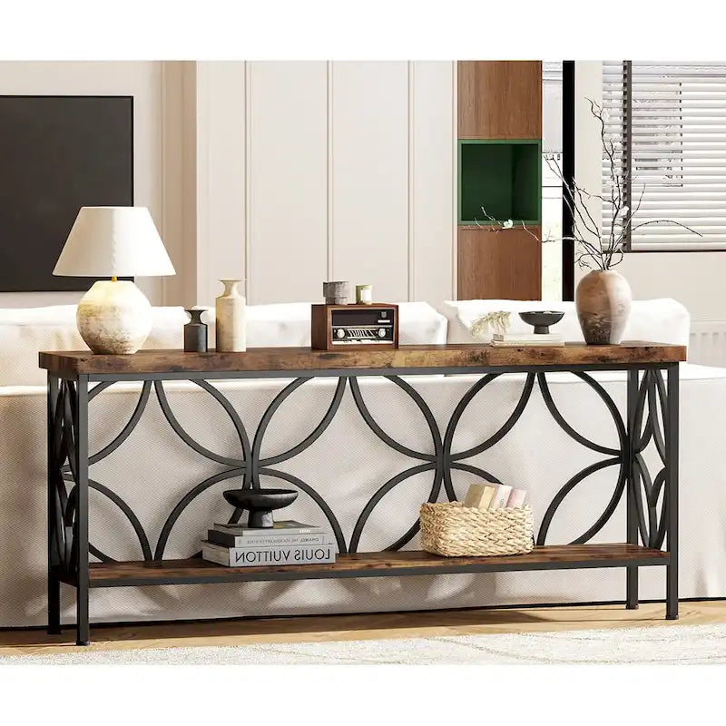 Consolle extra lunga con struttura in metallo e finitura in legno rustico - 70,86 L x 11,81 P x 31,88 H