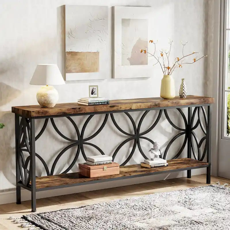 Consolle extra lunga con struttura in metallo e finitura in legno rustico - 70,86 L x 11,81 P x 31,88 H