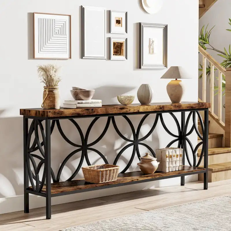 Consolle extra lunga con struttura in metallo e finitura in legno rustico - 70,86 L x 11,81 P x 31,88 H