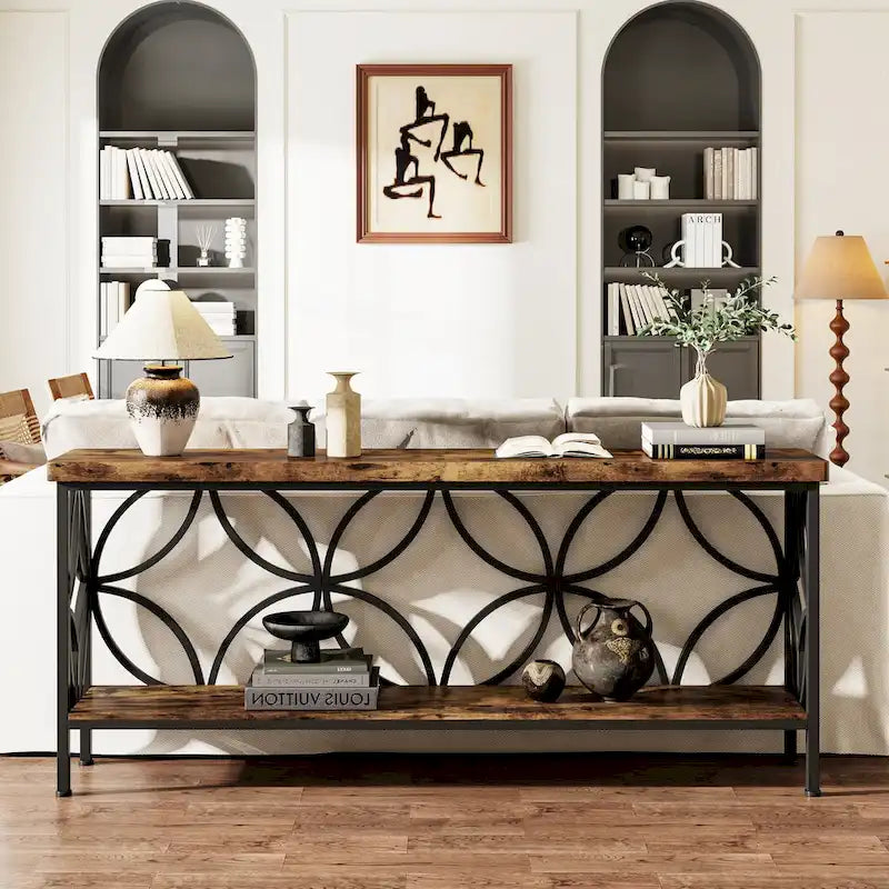 Consolle extra lunga con struttura in metallo e finitura in legno rustico - 70,86 L x 11,81 P x 31,88 H