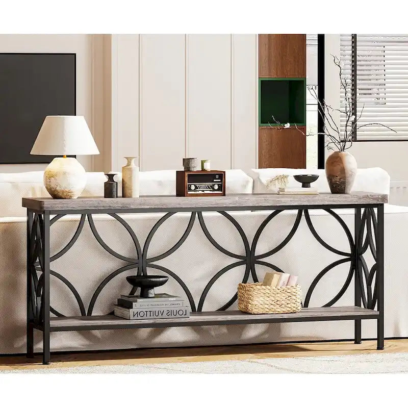 Consolle extra lunga con struttura in metallo e finitura in legno rustico - 70,86 L x 11,81 P x 31,88 H