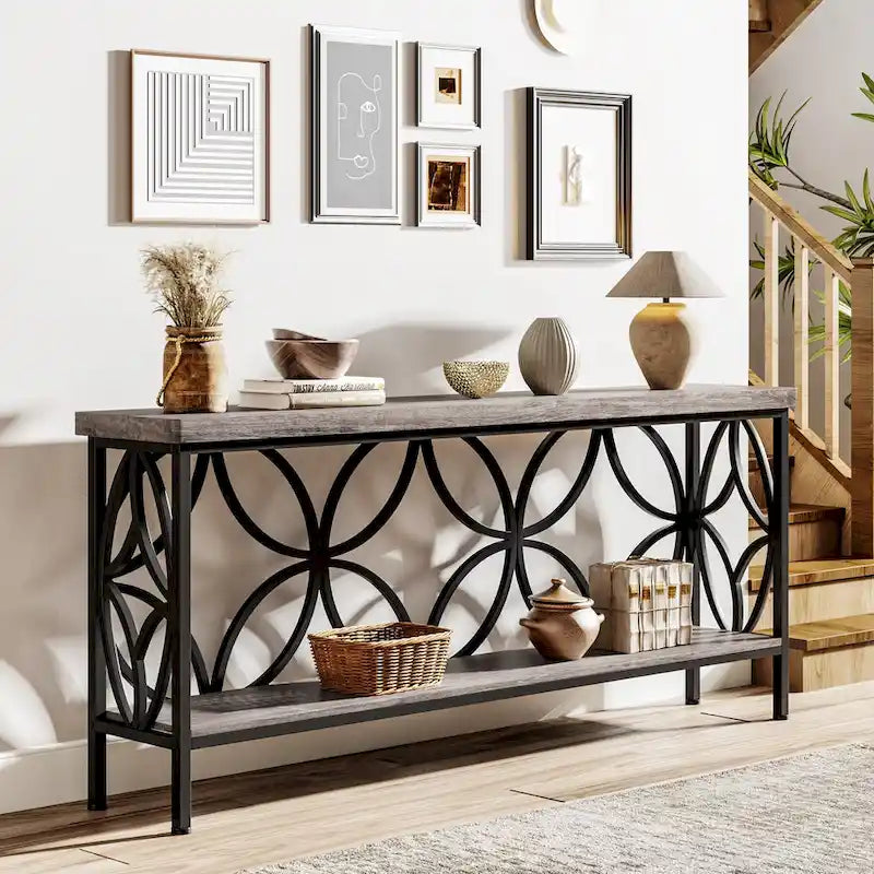 Consolle extra lunga con struttura in metallo e finitura in legno rustico - 70,86 L x 11,81 P x 31,88 H