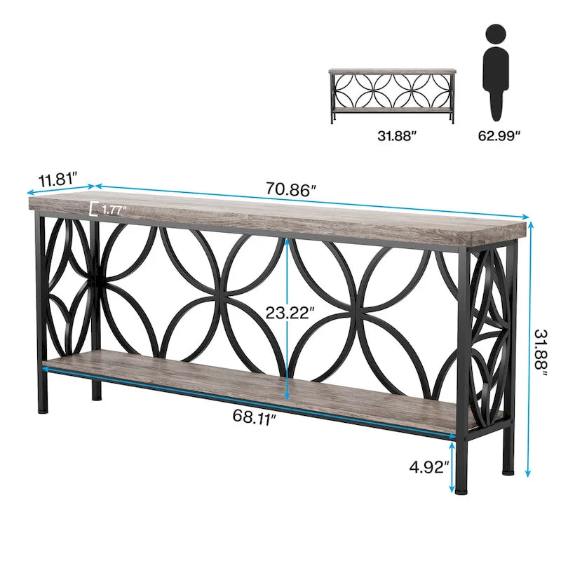 Consolle extra lunga con struttura in metallo e finitura in legno rustico - 70,86 L x 11,81 P x 31,88 H
