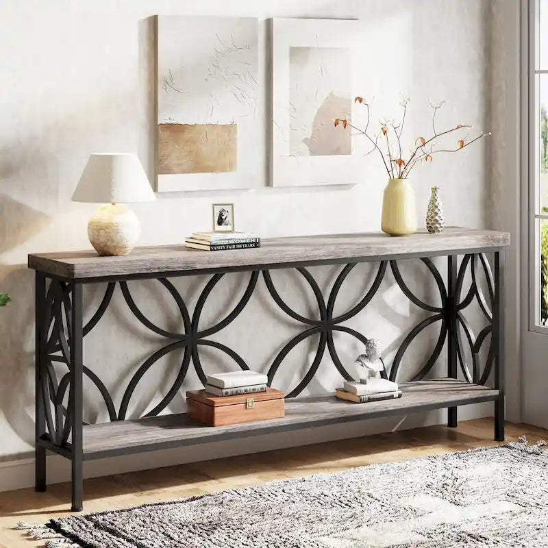 Consolle extra lunga con struttura in metallo e finitura in legno rustico - 70,86 L x 11,81 P x 31,88 H
