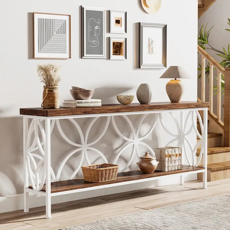 Consolle extra lunga con struttura in metallo e finitura in legno rustico - 70,86 L x 11,81 P x 31,88 H
