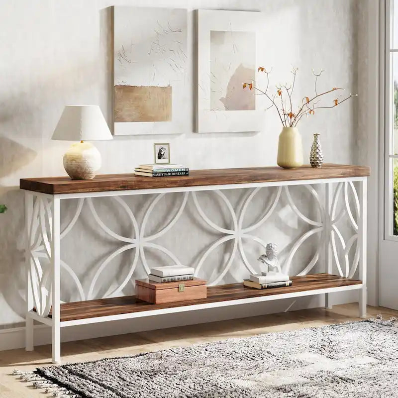 Consolle extra lunga con struttura in metallo e finitura in legno rustico - 70,86 L x 11,81 P x 31,88 H